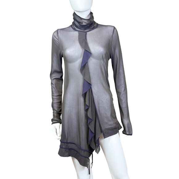 Cop Copine Womens Sheer Tunic Dress Ruffle Detail Navy Gray Taille 3 - Picture 1 of 7